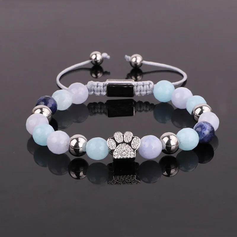 New Design Fashion Cubic Zirconia Paw Charm Natural Stone Beaded Friendship Bracelet Women