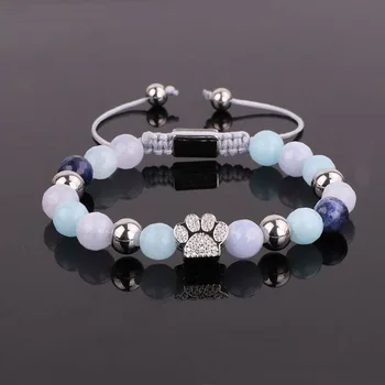 New Design Fashion Cubic Zirconia Paw Charm Natural Stone Beaded Friendship Bracelet Women
