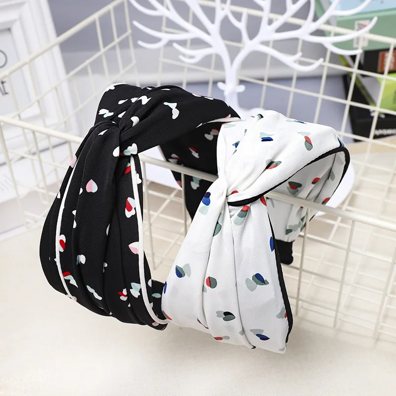 

Women Fashion Korean Love Heart Pattern Print hairband Satin Twisted Hairband Wide Cross Knotted Headband Hair Accessories