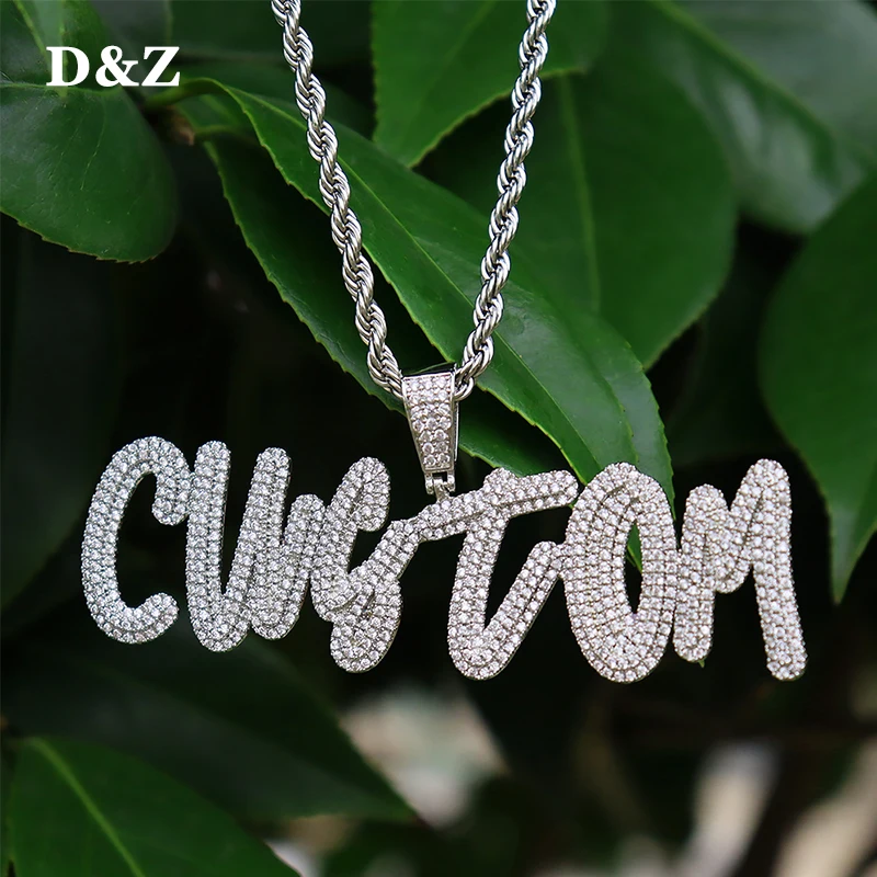 

D&Z Custom Name Cursive Brush Font 2-Layers Stones Pendant Necklaces Gift For Men Women Cubic Zircon Hip Hop Customized Jewelry