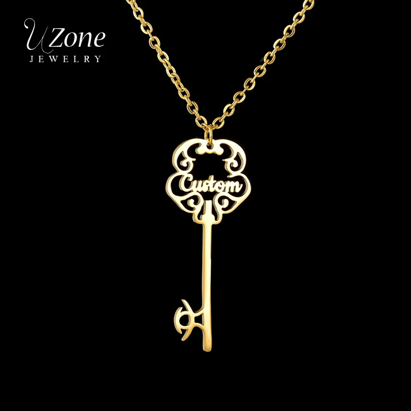 

Uzone Gold Stainless Steel Custom Key Name Necklace Personalized Letter Name Necklaces Collar For Women Girls Birthday Gift