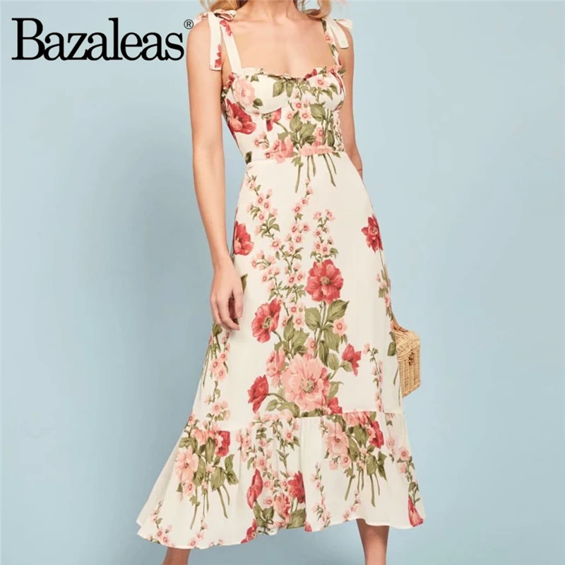 Bazaleas элегантное платье на тонких бретельках с оборками, женское платье миди, французское шифоновое эластичное платье на груди, винтажное женское платье с цветочным принтом