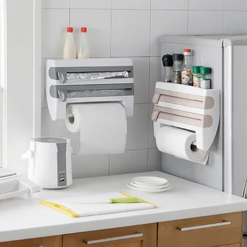 

Paper Towel Tissue Storage Rack Kitchen Film Cling 4 In 1 Multifunctional Paper Dispenser Wall Mounted Paper Towl Roll Holder