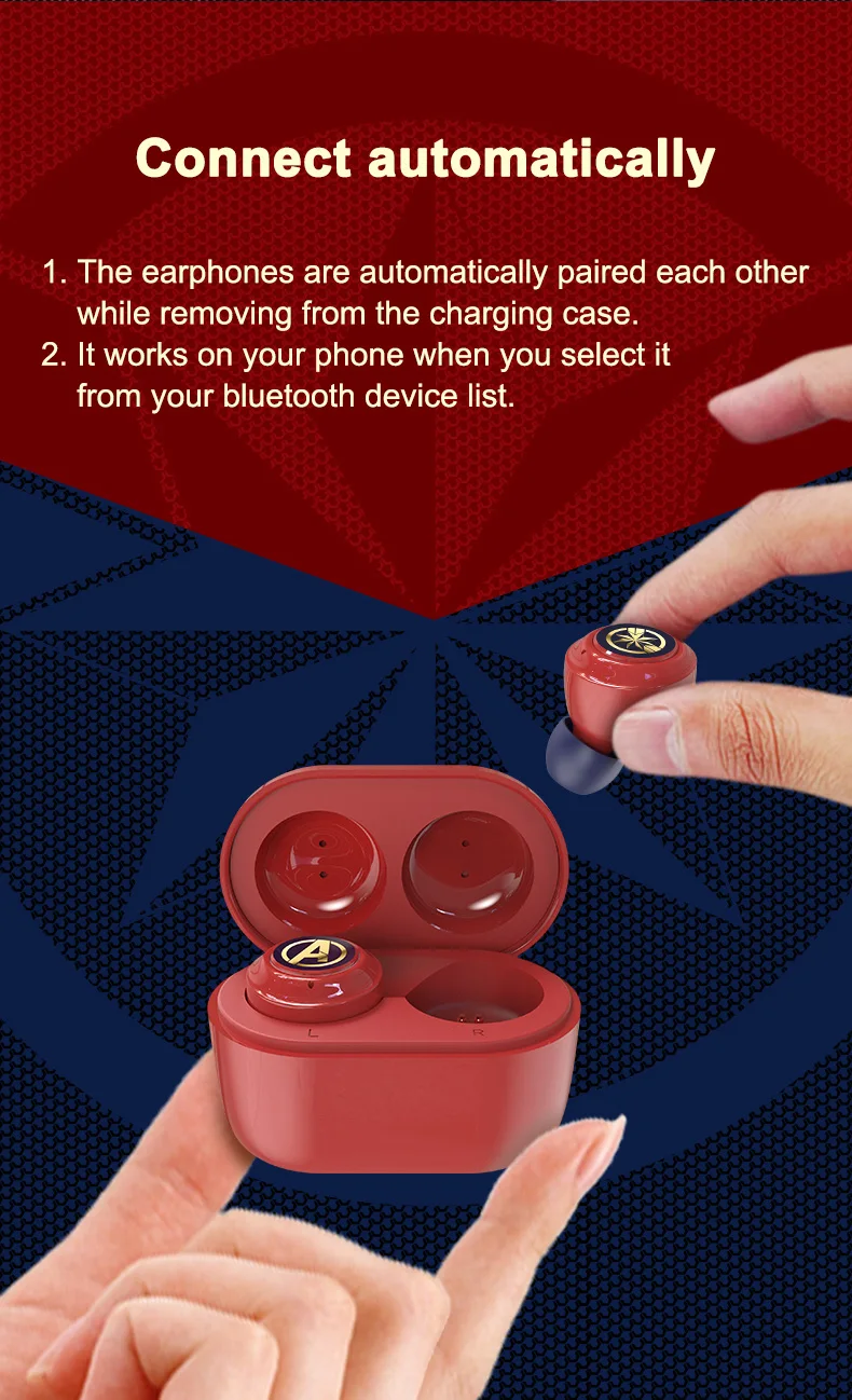 Marvel Certified Captain America TWS Wireless Stereo Earphones Bluetooth V5.0 Earbuds Support for Linking Two Mobile Phones