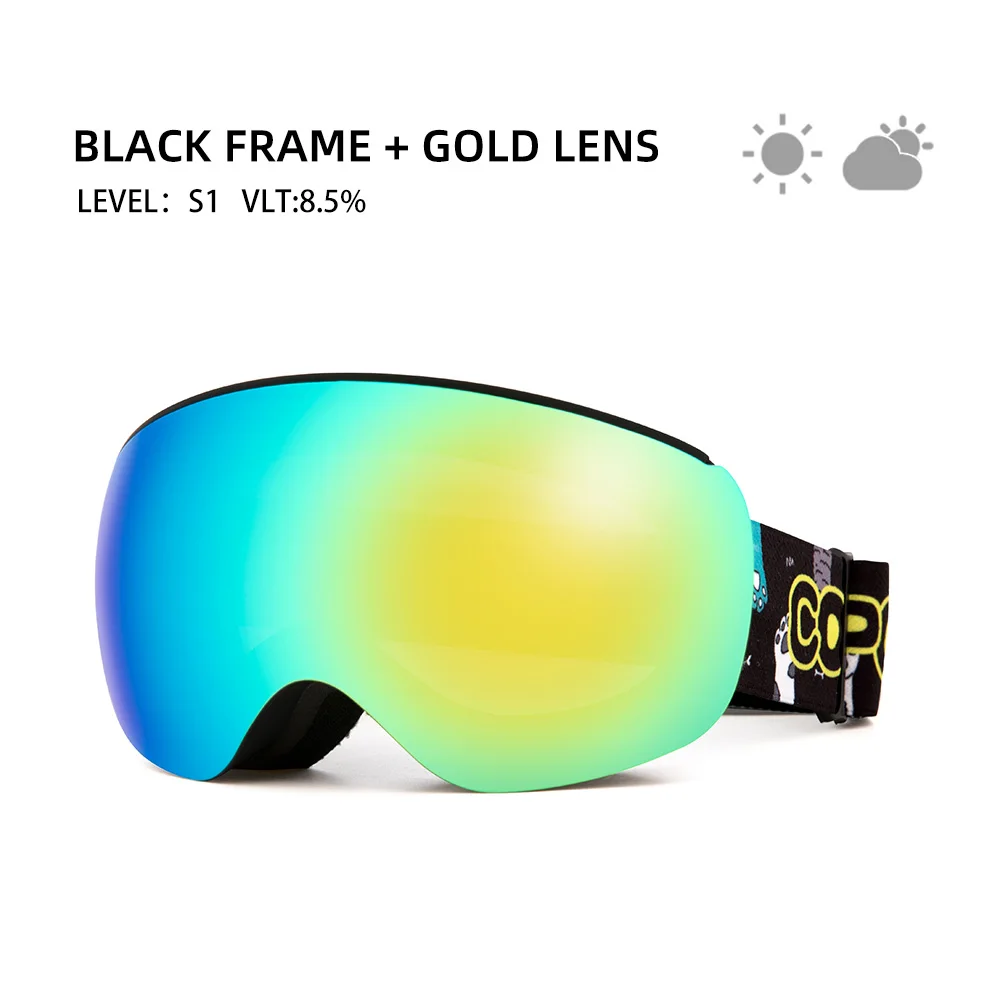black frame gold Copozz профессиональные детские лыжные очки, анти-туман, безрамные лыжные очки, ветрозащитное спортивное оборудование, зимние лыжные очки для детей - Цвет: black frame gold