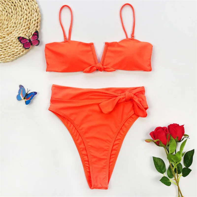 GNIM High Waist Swimsuit Women Bow Bikini Mujer Swimwear Sexy Dot Print Swimming Suit For Women Beachwear Brazilian Biquini - Цвет: Orange
