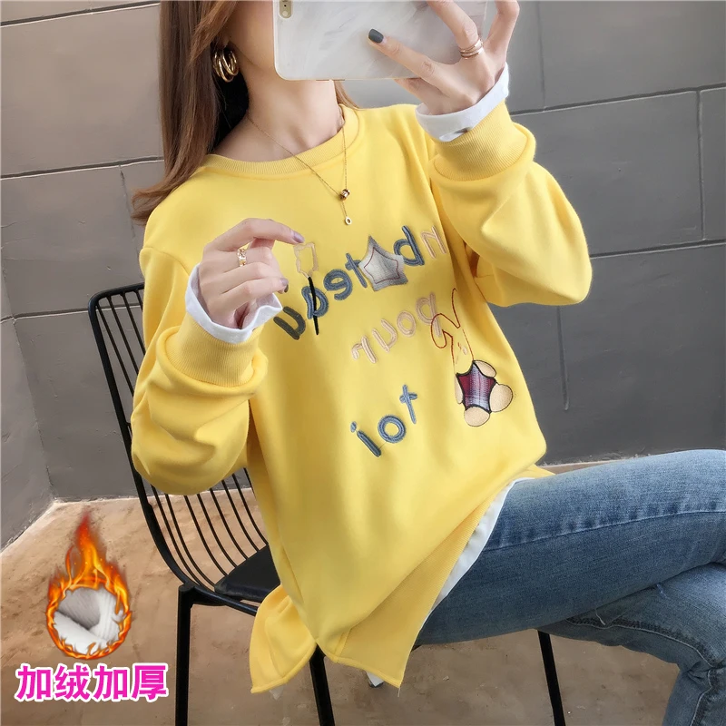 New Autumn Winter Women Sweatshirt Fake Two Piece High Quality Cute Rabbit Embroidery Thicken Pullover Sweatshirt Tops