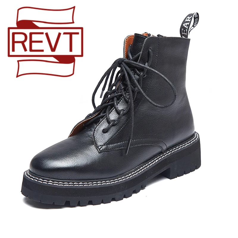 

REVT Boots Female Women Winter Shoes Ankle Autumn British Wind Genuine Leather Thick With Short Boots Motorcycle Martin Shoes