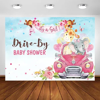 

Drive By Baby Shower Party Decoration Backdrop Safari Animal Zoo Social Distancing Girl Shower Background Supplies Banner