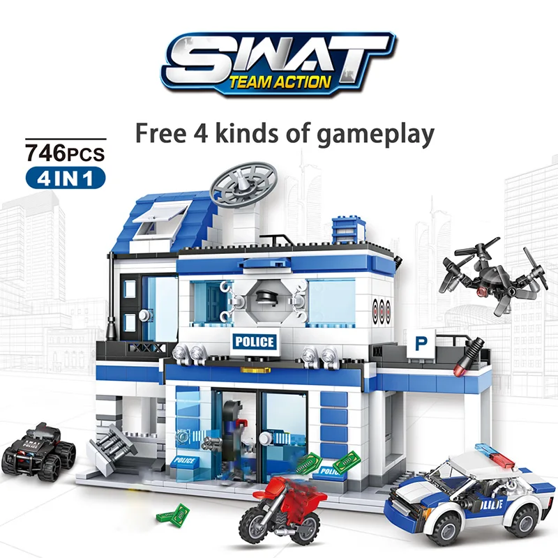  746PCS City Police Station Building Blocks For Legoing Military SWAT WW2 Helicopter Car Team Bricks