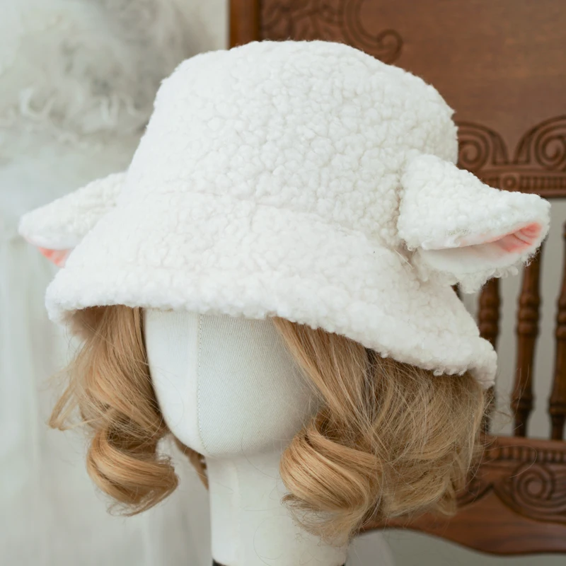 thumbnail image 2 of Women Sherpa Fleeced Cute Sheep Ear Bucket Hat Winter Thick Warm Lolita 2 of 9