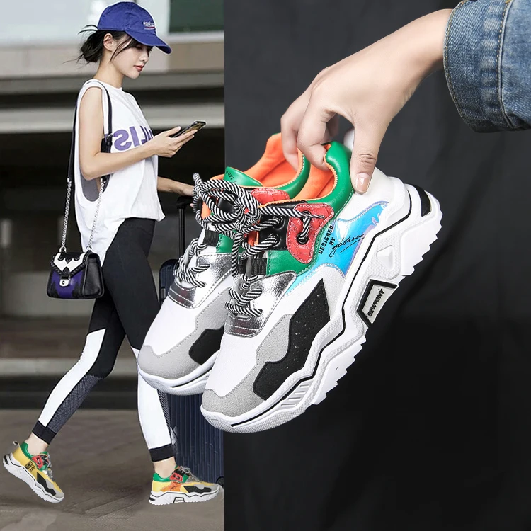 

Women sneakers thick sole ladies platform shoes web celebrity chunky dad sneakers lace up flat platform shoes trainers 2086