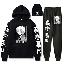 

My Hero Academia Hoodie Sweatpants Cosplay Anime Clothes Hat Three Piece Solid Casual Pants Sportswear Tracksuit 2021 Outfits