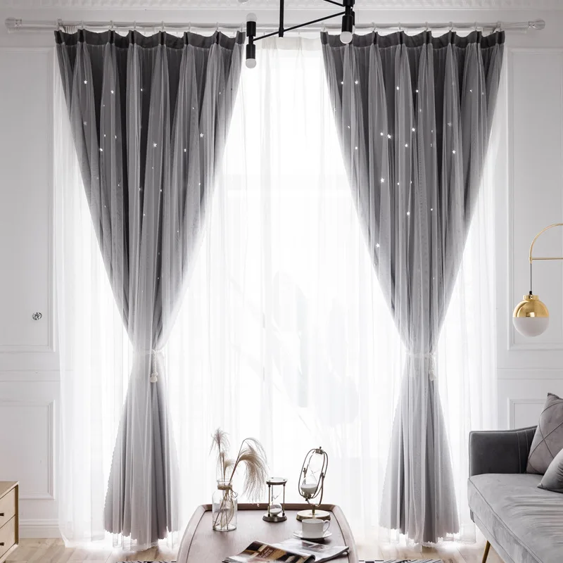 Hollow Star Double Layer Blackout Curtains For Bedroom Kids Girl Pink Sheer Window Curtains For Living Room Window Treatments
