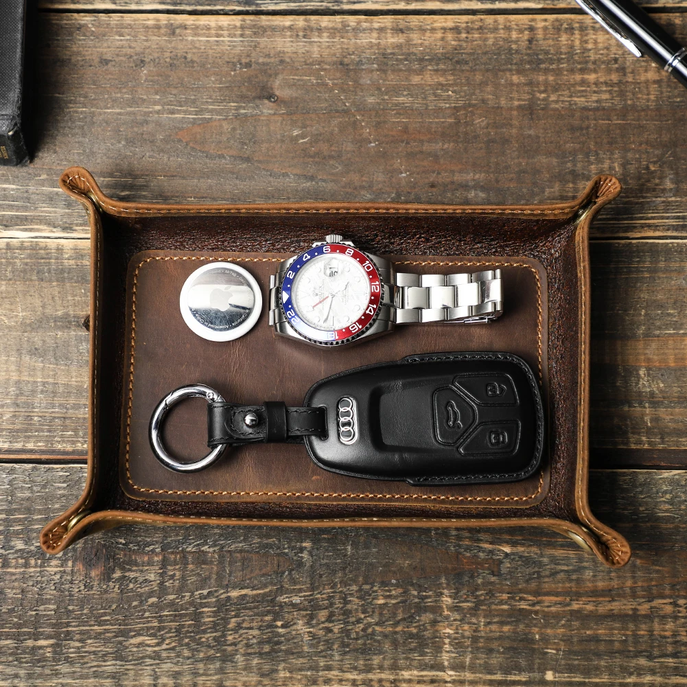 Leather Storage Pouch Genuine Leather Desktop Storage Tray For Jewelry Key