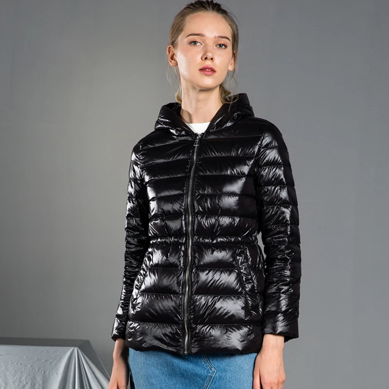 Модная зимняя куртка ультра легкий пуховик тонкая талия пальто легкие теплые куртки невесомый мягкий с капюшоном женские парки M-3XL - Цвет: Черный