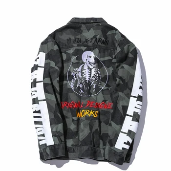 

Men Camouflage Denim Jackets Embroidered Skull Printed Male Loose Jacket Hip Hop Streetwear Cotton Jeans Jackets