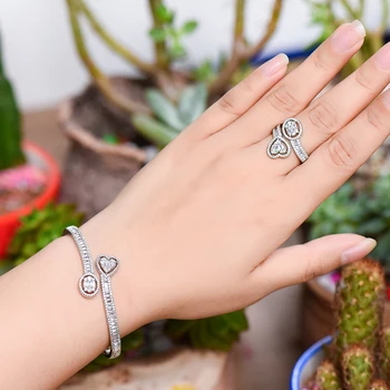 

GODKI Trendy Luxury Heart Love Statement Bangle Cuff Ring Sets Jewelry Set For Women Wedding Cubic ZirconIA Dubai Party Bracelet