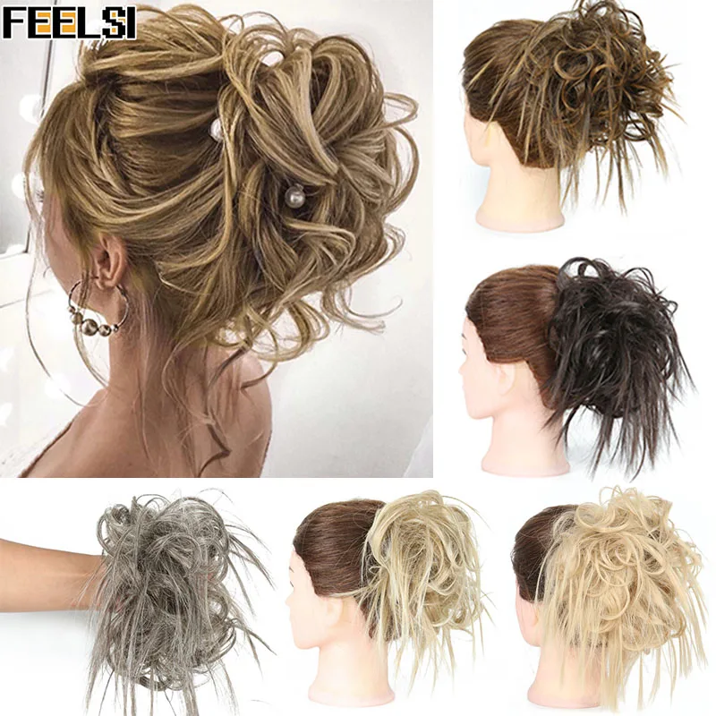 

FEELSI Messy hair Buns hairpiece Elastic Band Hair Bun 7 Inch women Chignon hair Curly Scrunchie Updo Cover Synthetic Hairpiece