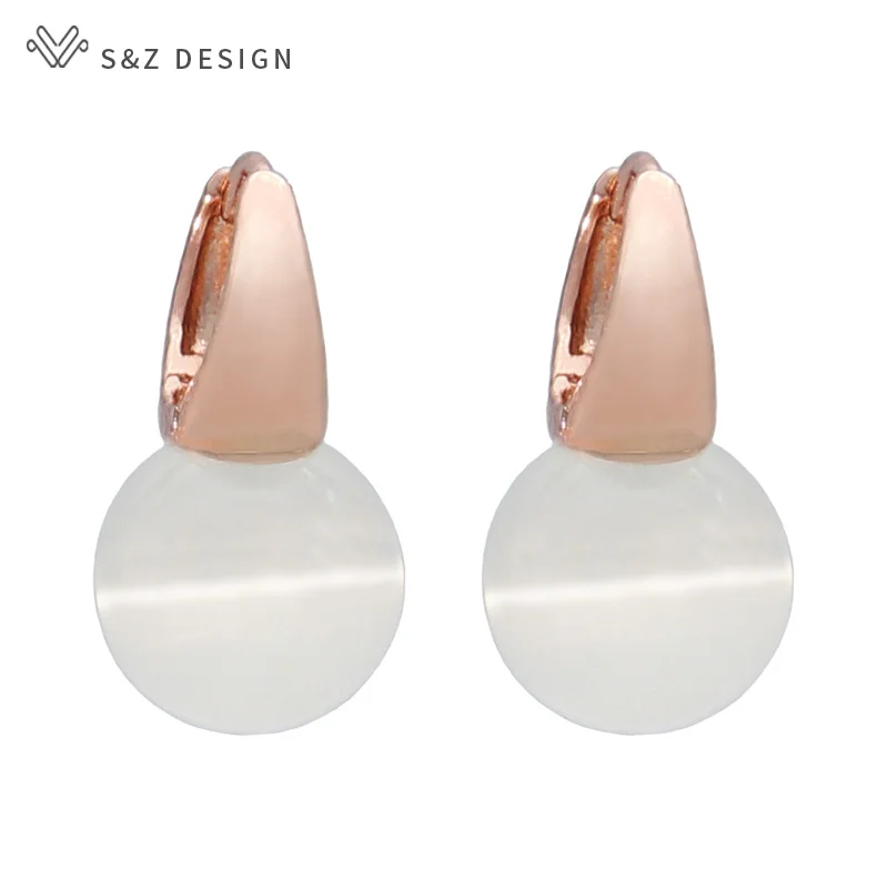 S&Z DESIGN New Fashion Round Cat's Eye Opals Beads Dangle Earrings For Women Wedding Rose Gold Color Jewelry