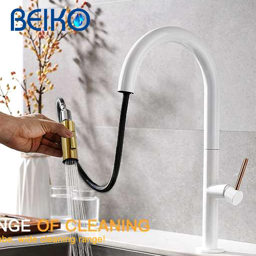 Matte White Kitchen Faucet Deck Mounted Mixer Tap 360 Degree Rotation Stream Sprayer Nozzle Kitchen Sink Hot Cold Taps