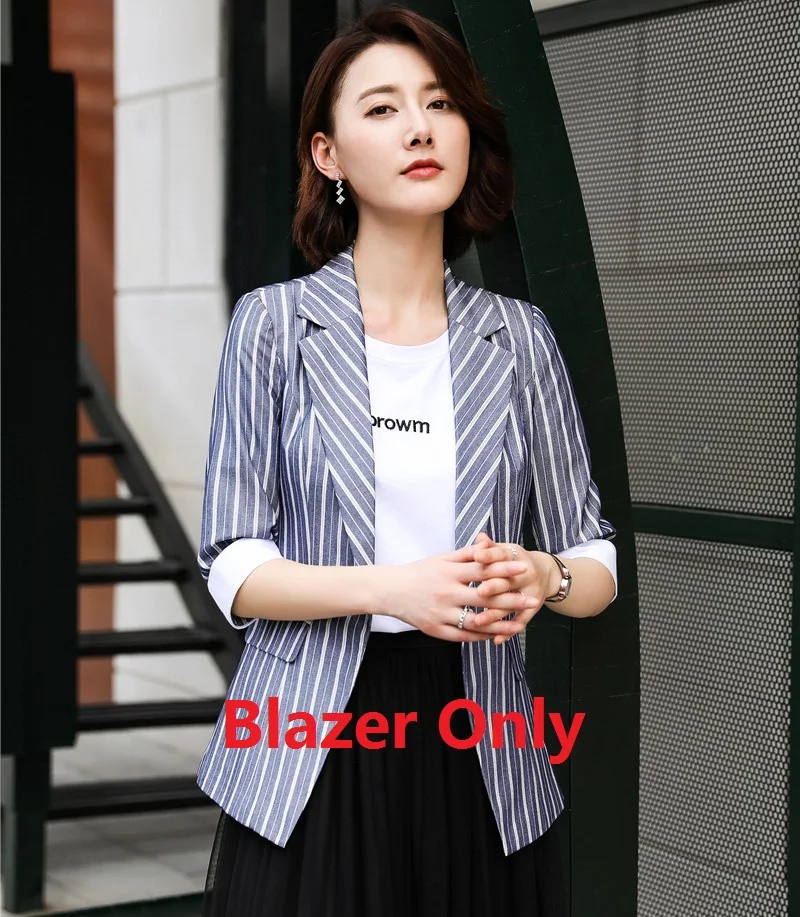 Blazer Only Повседневные синие полосатые блейзеры женские деловые костюмы с юбкой и курткой комплекты Дамская рабочая одежда с коротким рукавом - Color: Blazer Only