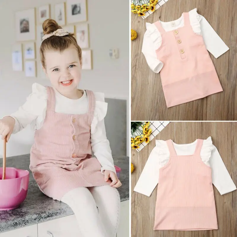 

1-5 Years Toddler Kids Baby Girl Clothes Ruffle Tops T-Shirt Button Dress For Girls Outfits Set 2020 Girls Casual Clothing Set