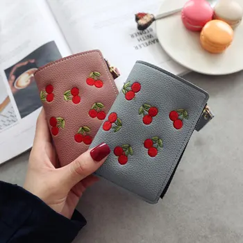 

Fashion Women Short Wallet PU Leather Cherry Embroidery Coin Purse Card Holders Lady Girl Mini Money Bag SEC88