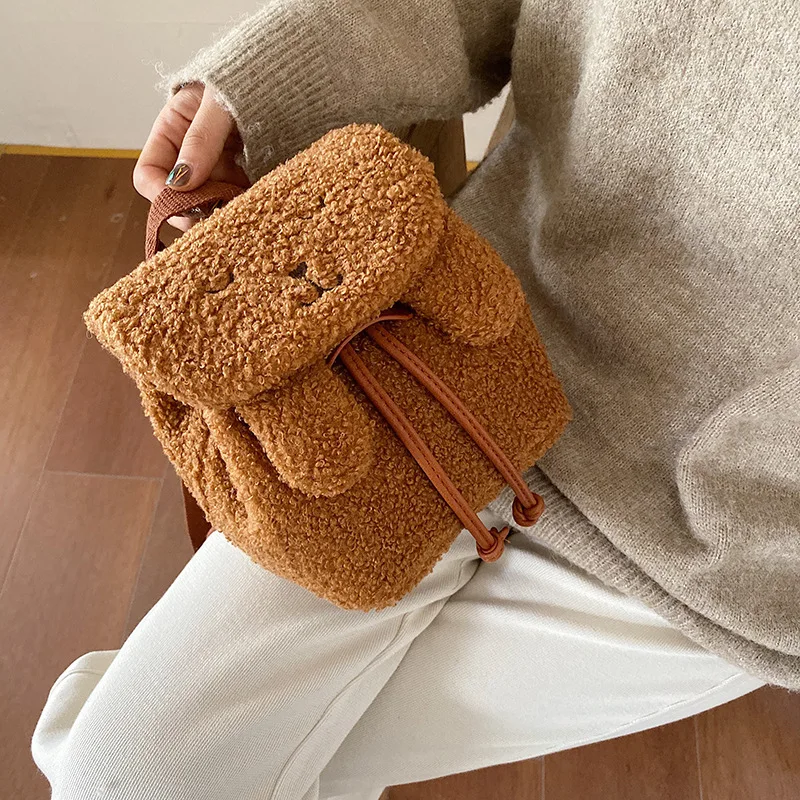 

Cute plush small backpack Korean fashion simple one shoulder bucket bag women's autumn and winter curly girl's backpack