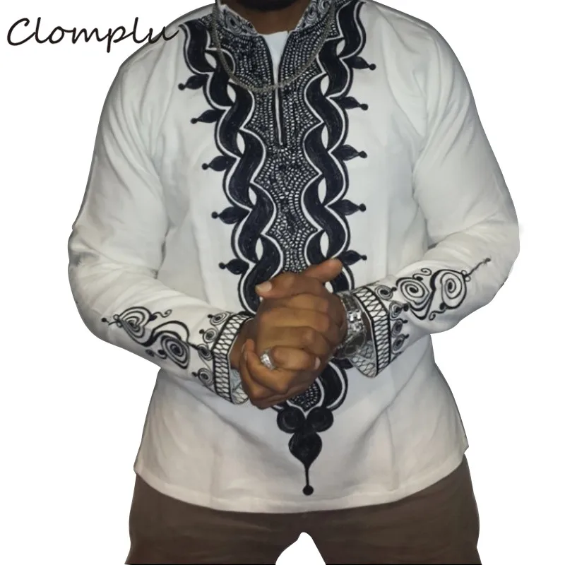 

Clomplu Dashiki African Clothes Fashion Casual Printed Long Shirt African Dashiki Men Traditional White Tops Plus Size