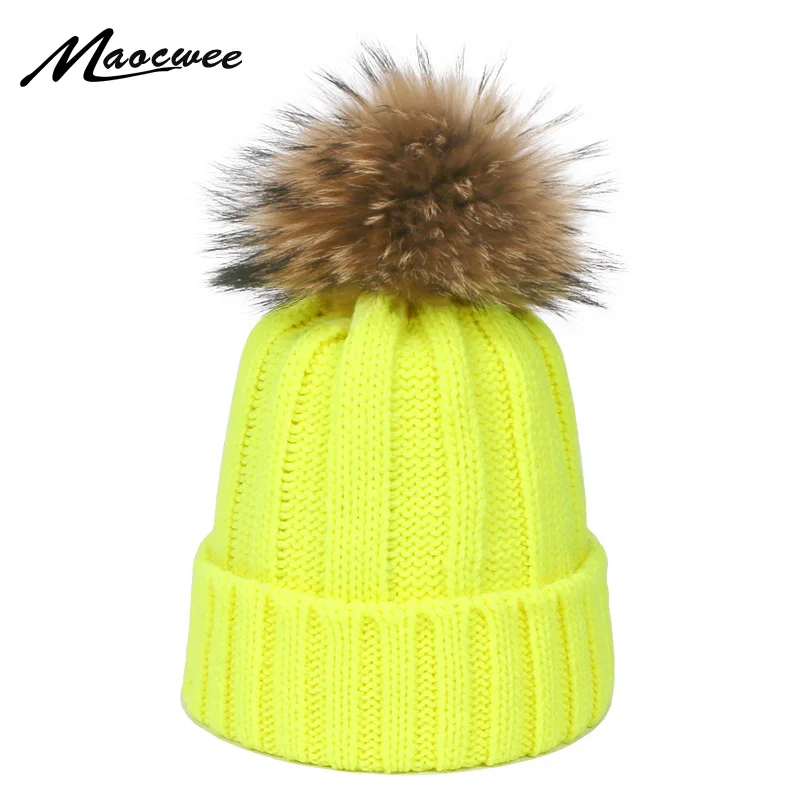 Women Autumn Winter Beanie Cap Female Acrylic Wool Hats With Real Fur Pompon Knit Windproof Outdoor Warm Fluorescent Beanie Hat