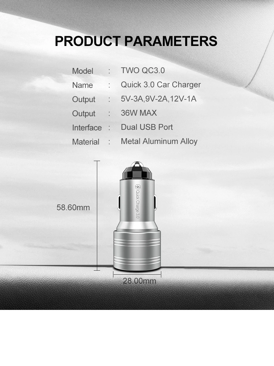 ROCK Metal 36 Вт двойной USB Quick Charge QC 3,0 Автомобильное зарядное устройство для iPhone USB быстрое зарядное устройство для мобильного телефона быстрое зарядное устройство автомобильное зарядное устройство