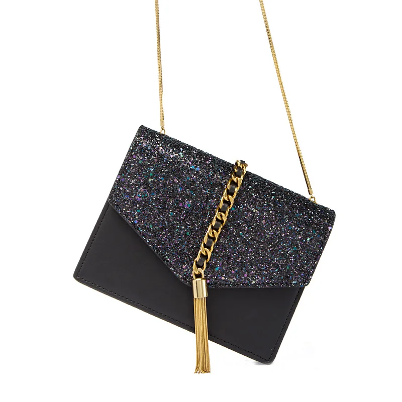 

2019 New Style Genuine Leather Sequin Snake Bone Bag with Chain Fairy Tassels Clutch Shoulder Square Sling Bag Shoulder Women's