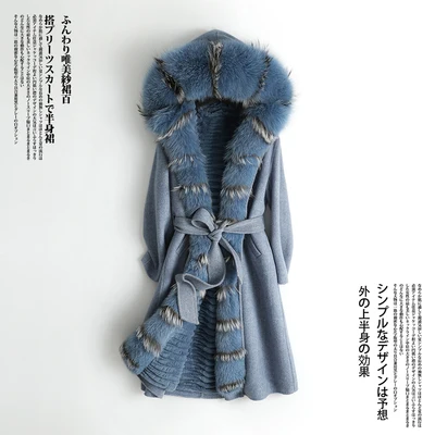 blue Зимнее женское Новое двухстороннее кашемировое пальто высокого качества со съемным капюшоном, с подкладкой из кроличьего меха, с воротником из лисьего меха, длинное меховое пальто - Цвет: blue