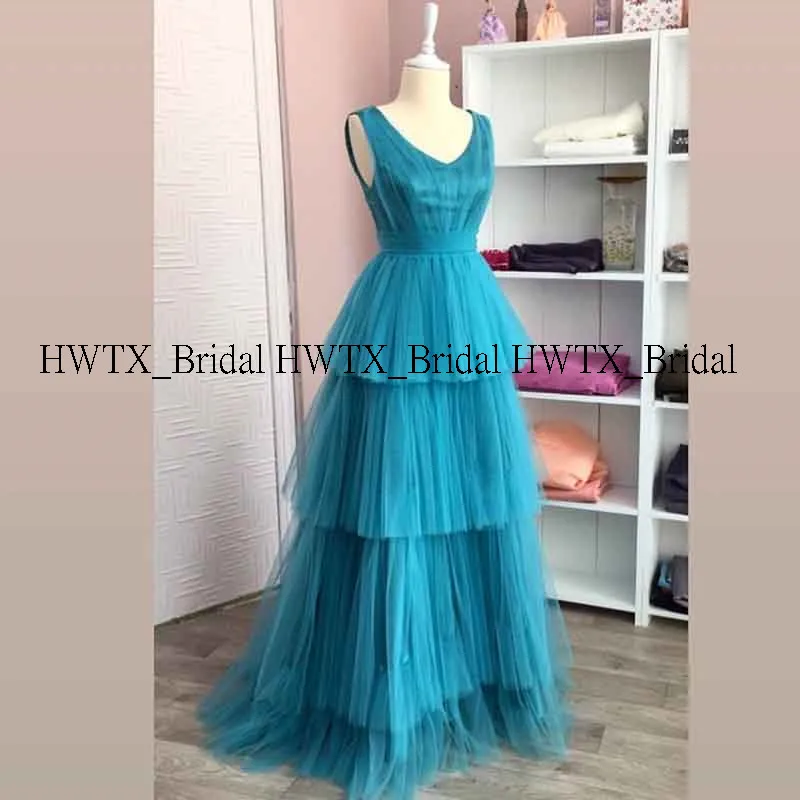 HWTX_Bridal многоярусные юбки платья для выпускного вечера бирюзовое Тюлевое длинное вечернее платье трапециевидной формы без рукавов женское вечернее платье на заказ