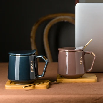 

Nordic Vintage Ceramic Mug Gold Plated Creative Coffee Cup Coaster Office Water Cup Lid Gift Breakfast Cup Caneca Mug Set AB50CU