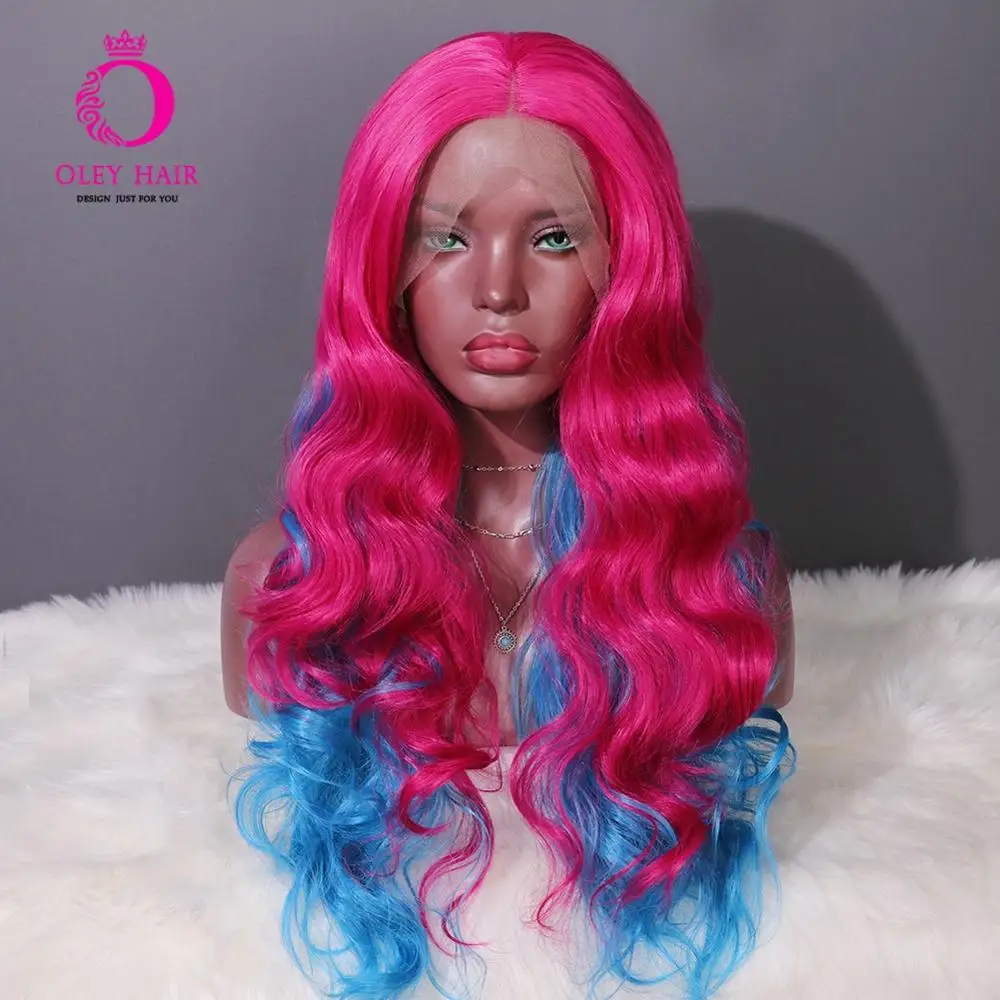 Pink Ombre Blue OLEY, высокая температура, синтетические парики на кружеве для женщин, свободная волна, розовый, Омбре, синий парик, косплей, парик, без клея, Peruca Pelucas - Цвет: Pink Ombre Blue