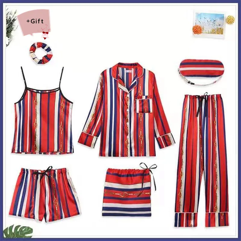 

Sexy Women 7 Pieces Set 100% Cotton Silk Pajamas Home Clothes Nightwear Spring Autumn For women Pants Vest Pajamas Sets Hot Sale