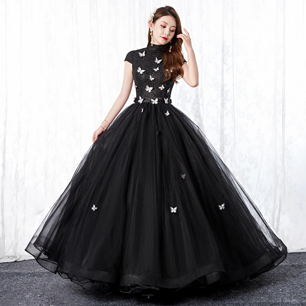 Милое черное пышное платье на 16 лет Vestido debutante 15 anos, бальное платье с высокой горловиной, прозрачные кружевные вечерние платья для выпускного вечера