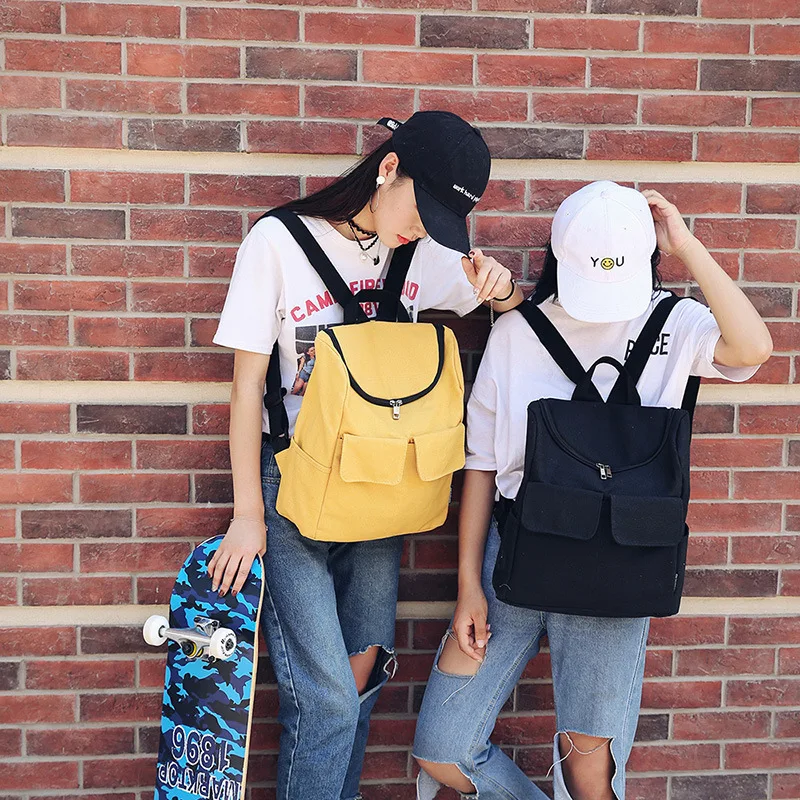 

2019 New Style Backpack WOMEN'S Bag Simple Dual Pocket Canvas Bag Large Capacity Schoolbag