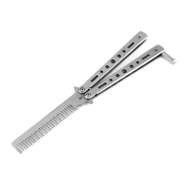 Butterfly Knife Comb Горячий профессиональный салон из нержавеющей стали складной тренировка бабочка стиль нож расческа инструменты для стайлинга черный/серебристый крутой - Цвет: Butterfly Knife Comb
