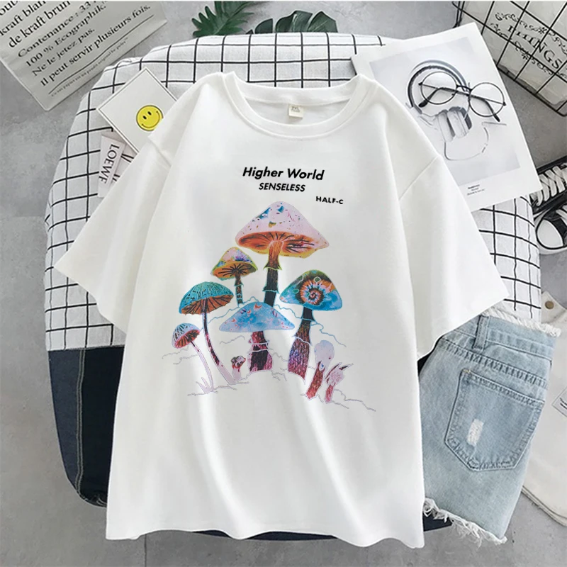 Cotton Material Retro Apricot Mushroom Cute T Shirts O-neck Casual Summer Plus Size Woman Tshirts 2021Fashion Streetwear Clothes palm angels t shirt