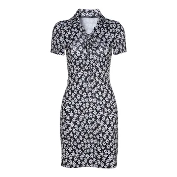 

Summer Women New Flower Print Lapel Short Sleeve Slim Package Hip Thin Bodycon Dress