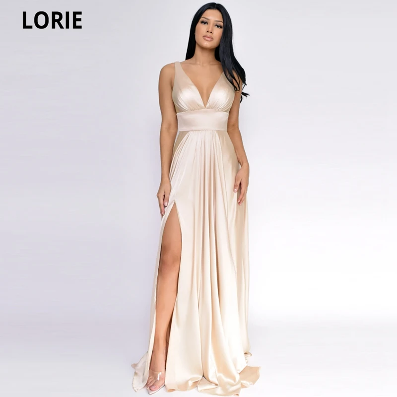 LORIE Deep V-Neck Porm Dresses 2021 Simple A-Line Satin Floor-Length Vestido Da Dama De Honra Formal Party Gowns Side Split