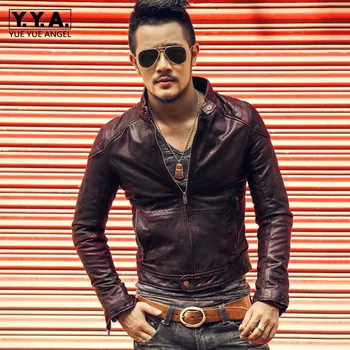 

Luxury Mens Slim Fit Goatskin Genuine Leather Jacket Stand Collar Padded Windbreaker Biker Coat Natural Leather Vintage Jackets