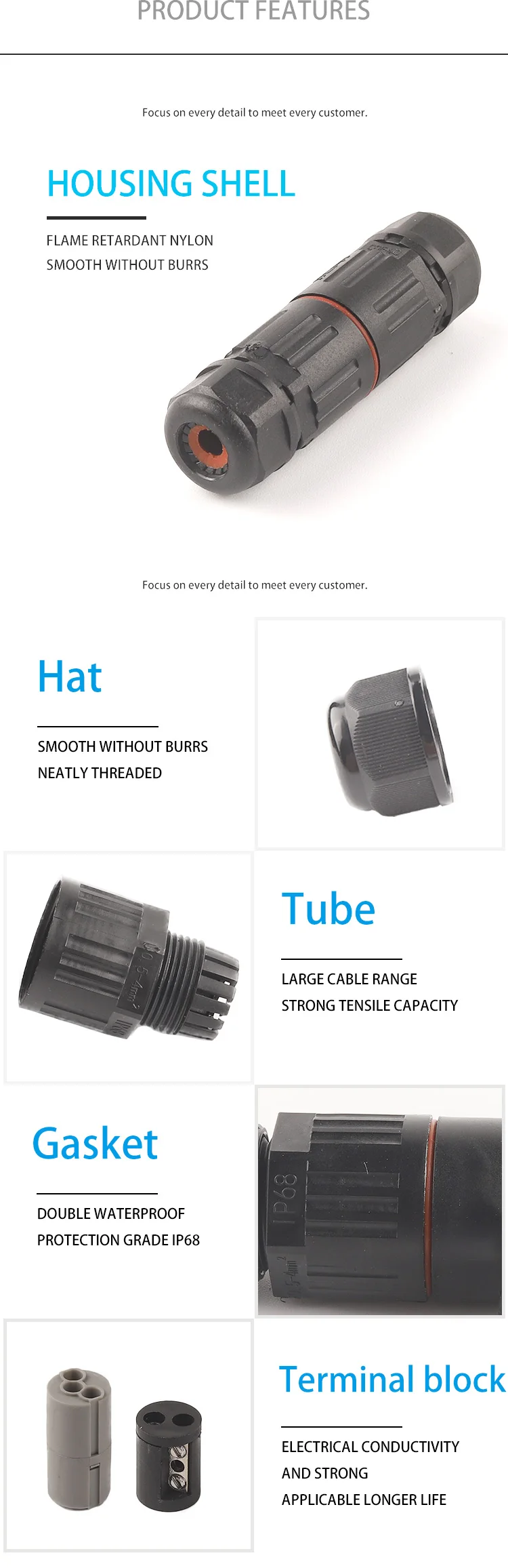 10Pcs IP68 2/3 Pin Wasserdichte Gerade Stecker Elektrische Draht CableConnector Outdoor Steckdose Terminal Block Junction Box – Detail 12
