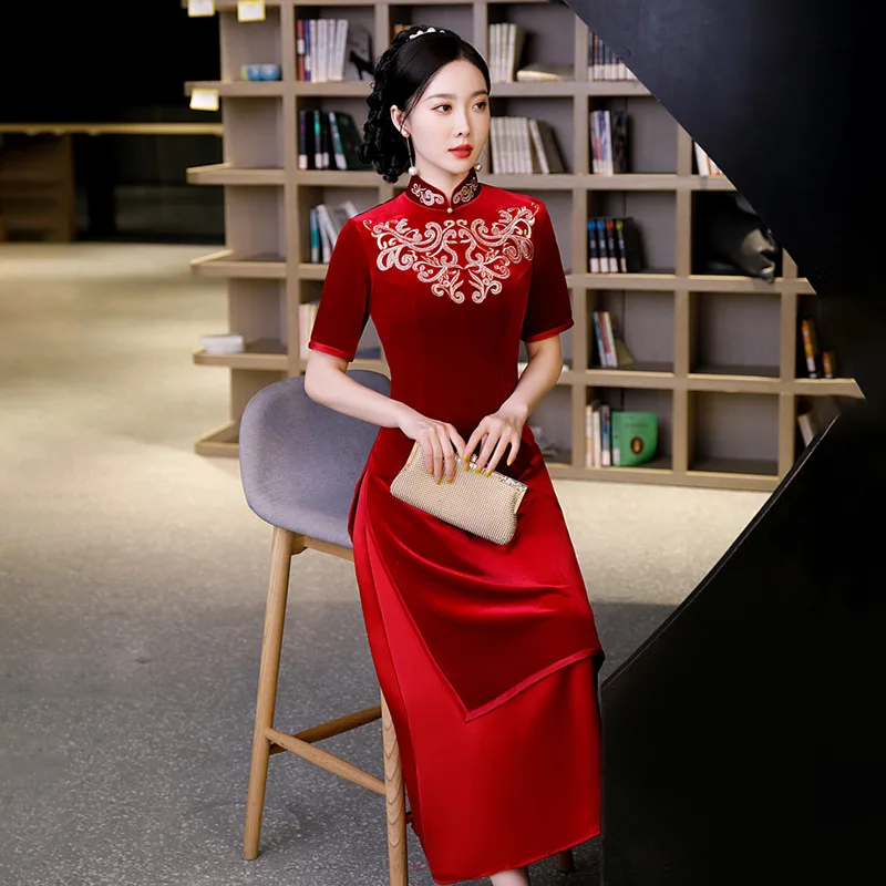 Фото Весенне-зимнее китайское платье женское Элегантное Длинное Платье в стиле аозай