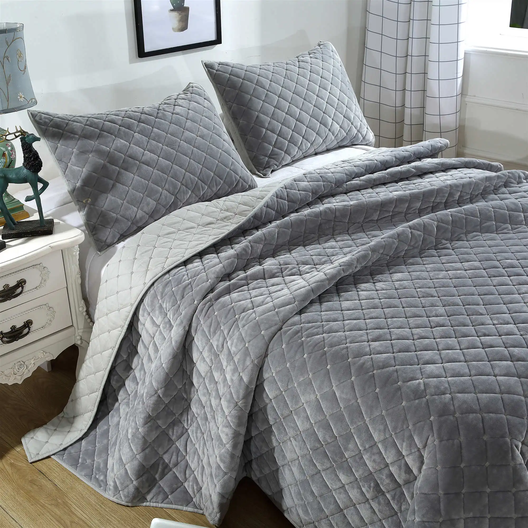 3pcs front velvet&back cotton embroider gray plaid плед patchwork quilt bed cover/bedspread full queen king size free shipping H