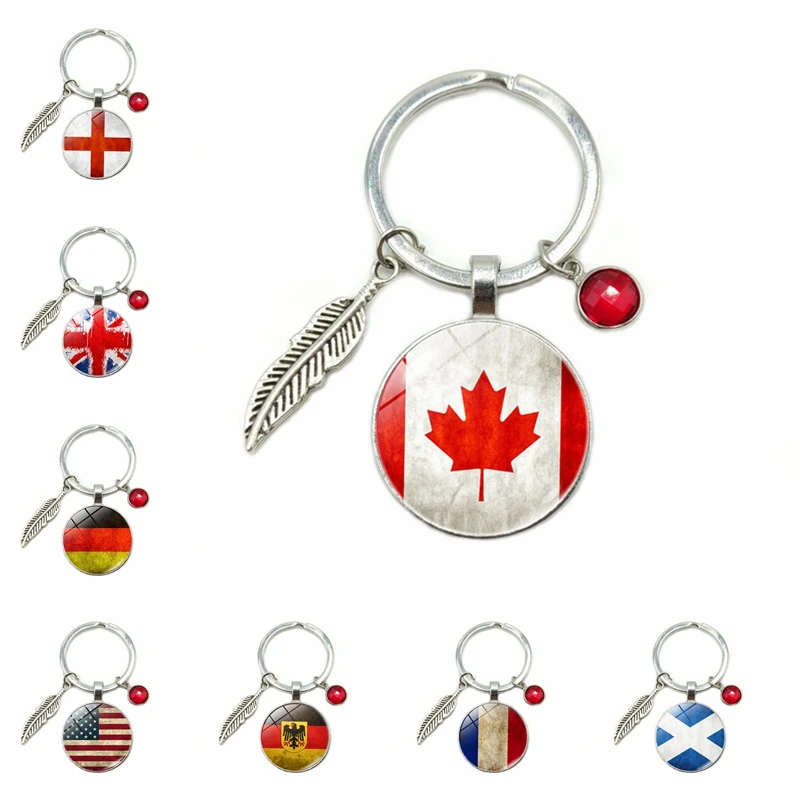 

2020 Hot Sale Germany Canada UK Scotland France England USA Flag Crystal Keychain Time Keyring Men and Women Jewelry