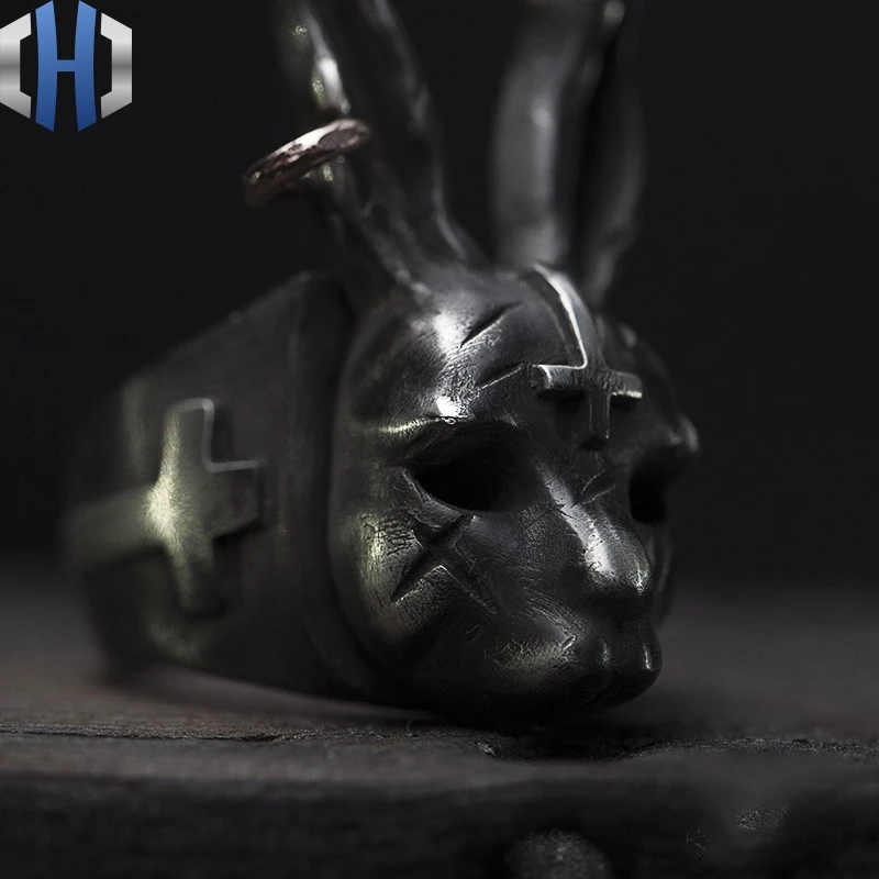 Дизайн ручной работы серебряное темное кольцо «кролик» панк крест кролик 925 Серебряное кольцо для мужчин